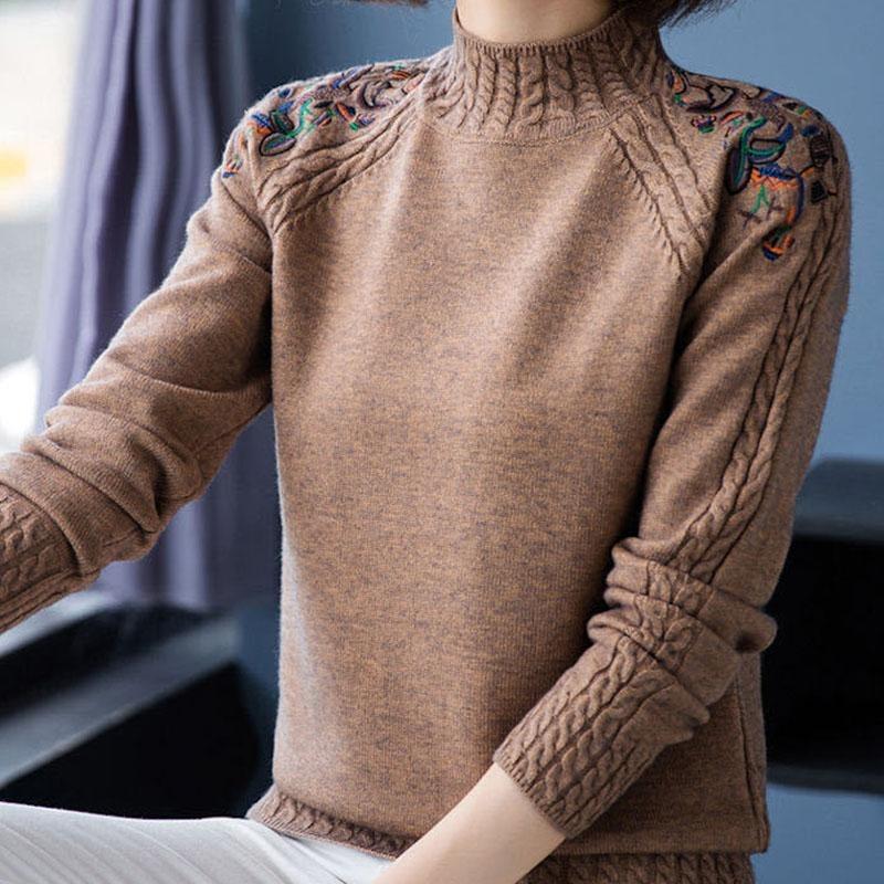 Bestickte Blumen Halber Stehkragen Pullover Damen Herbst Winter Dick Warm Gestrickter Pullover Slim Gerippt Weiche Oberteile