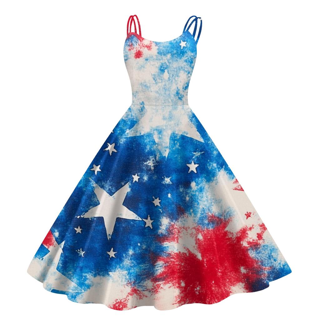 Sleeveless Dress with Star Pattern and Adjustable Spaghetti Straps for Women Summer Casual Wear