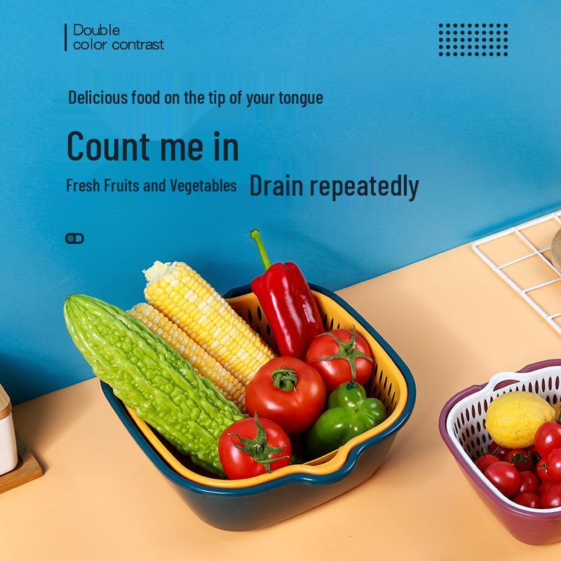 Eight-Piece Plastic Kitchen Draining Basket Set - Double-Layer Multifunctional for Fruits and Vegetables