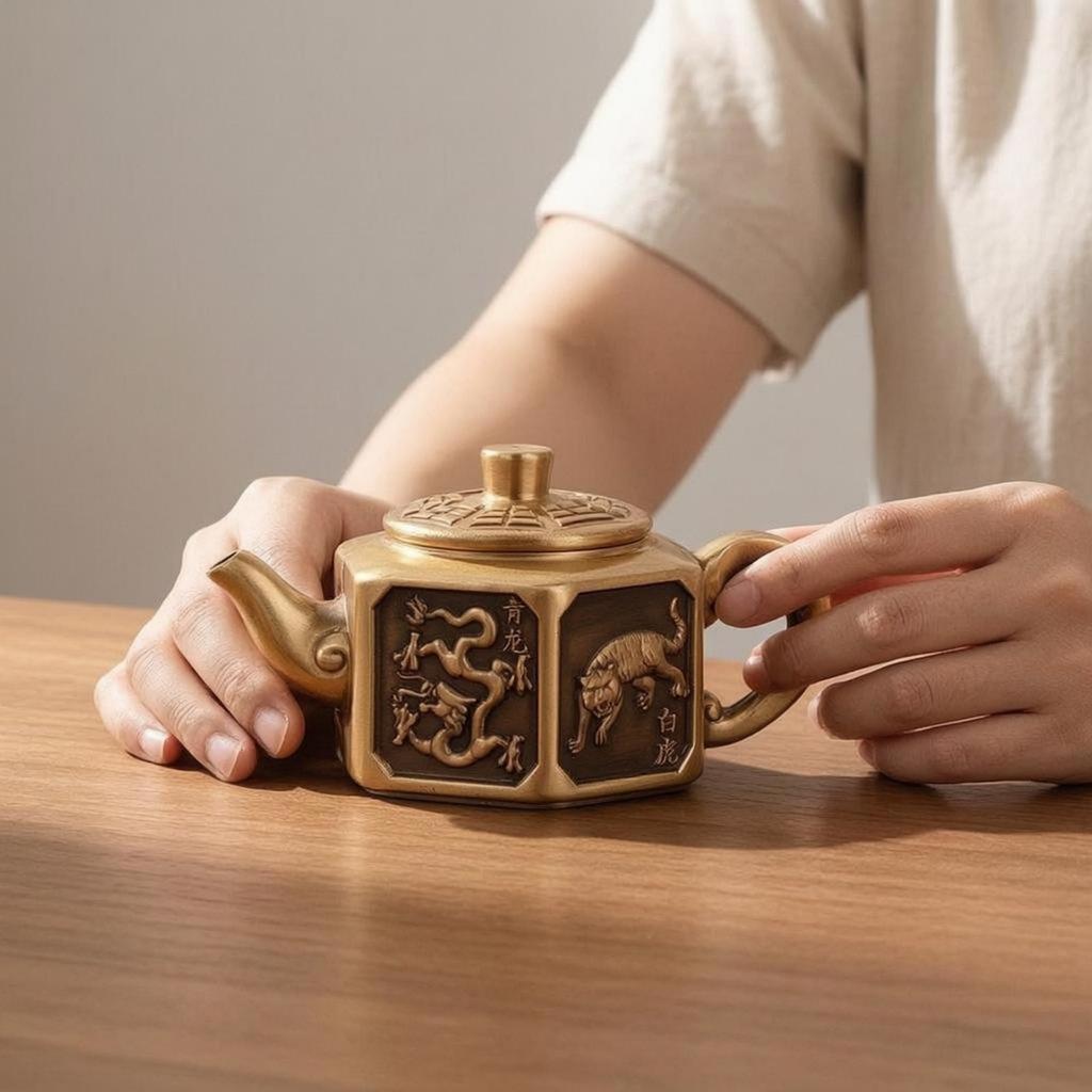Hexagonal Teapot Mythical Animal Designs Brass Raised Relief Decorative Tea Kettle for Indoor