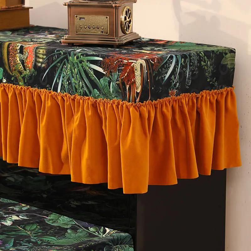 Husă de protecție scurtă pentru pian cu model de flori americane, cu volană, catifea pentru pian, prosop rezistent la praf.