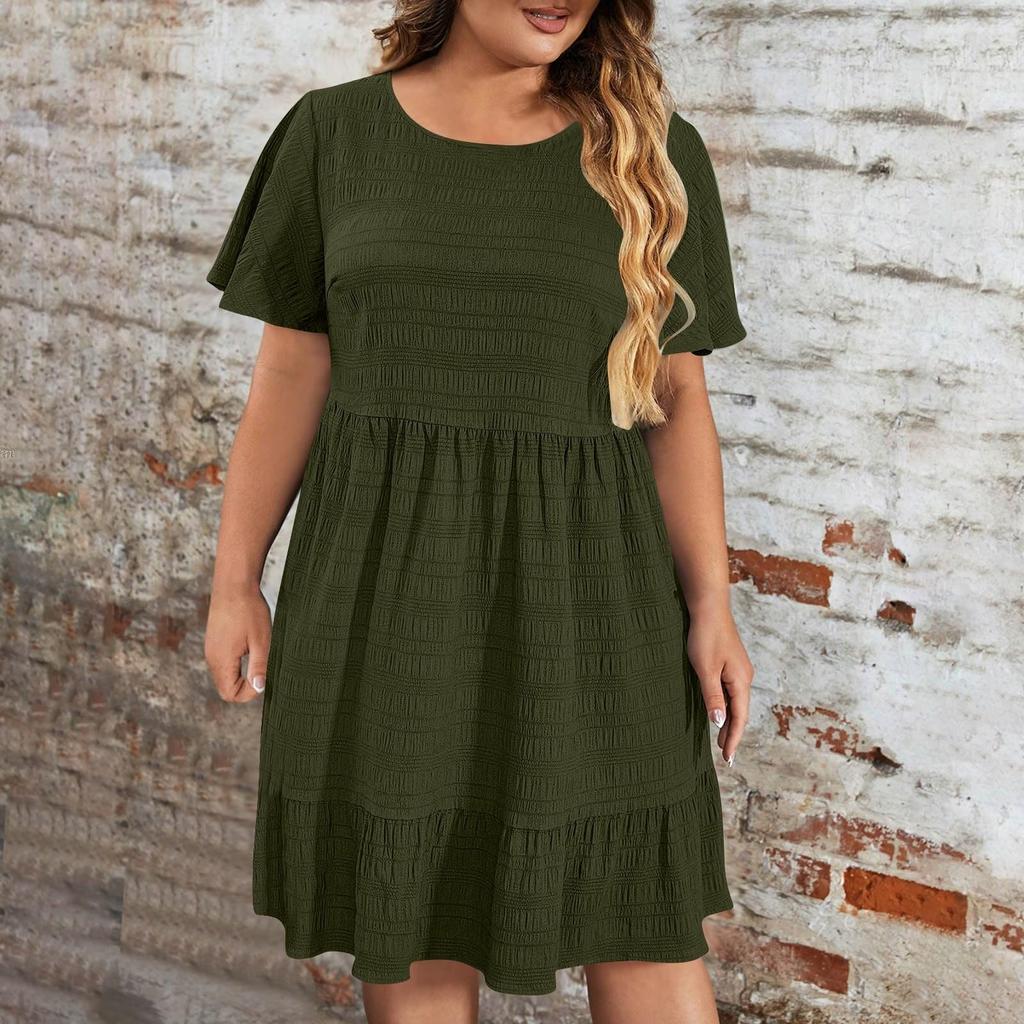 Ladies' Large Size Casual And Fashionable Solid Color Dress, Loose Short Sleeved Waist Cinched Dress