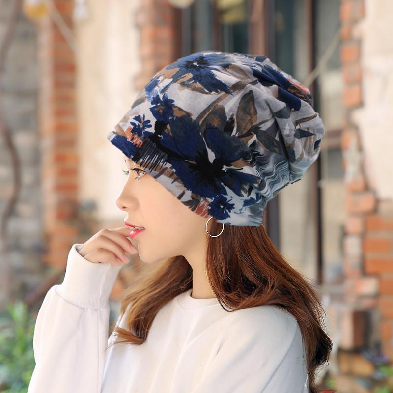 Women Summer Flower Printing Cotton Sunscreen Sun Hat Female Spring Autumn Windproof Warm Multifunctional Bib Cap Headscarf C1