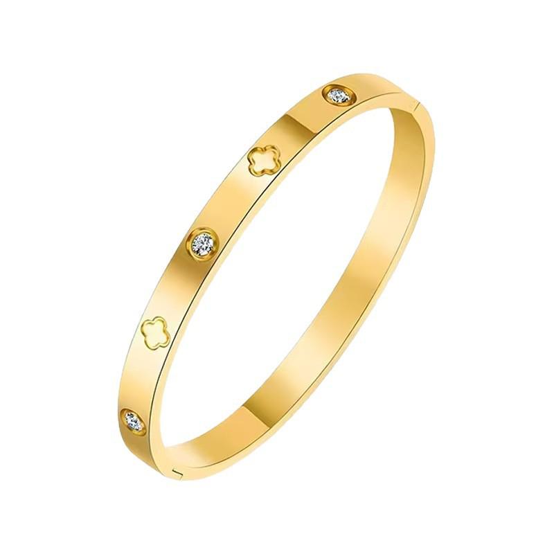 Trendy European Four-Leaf Clover Diamond-Inlaid Stainless Steel Bracelet for Girls - High-End, Non-Fading Charm