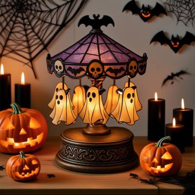 Ghost Carousel Light Stained Glass Carousel Night Light with Floating Ghost Halloween Desk Reading Lamp for Bedroom Mantel Tabletop Decor
