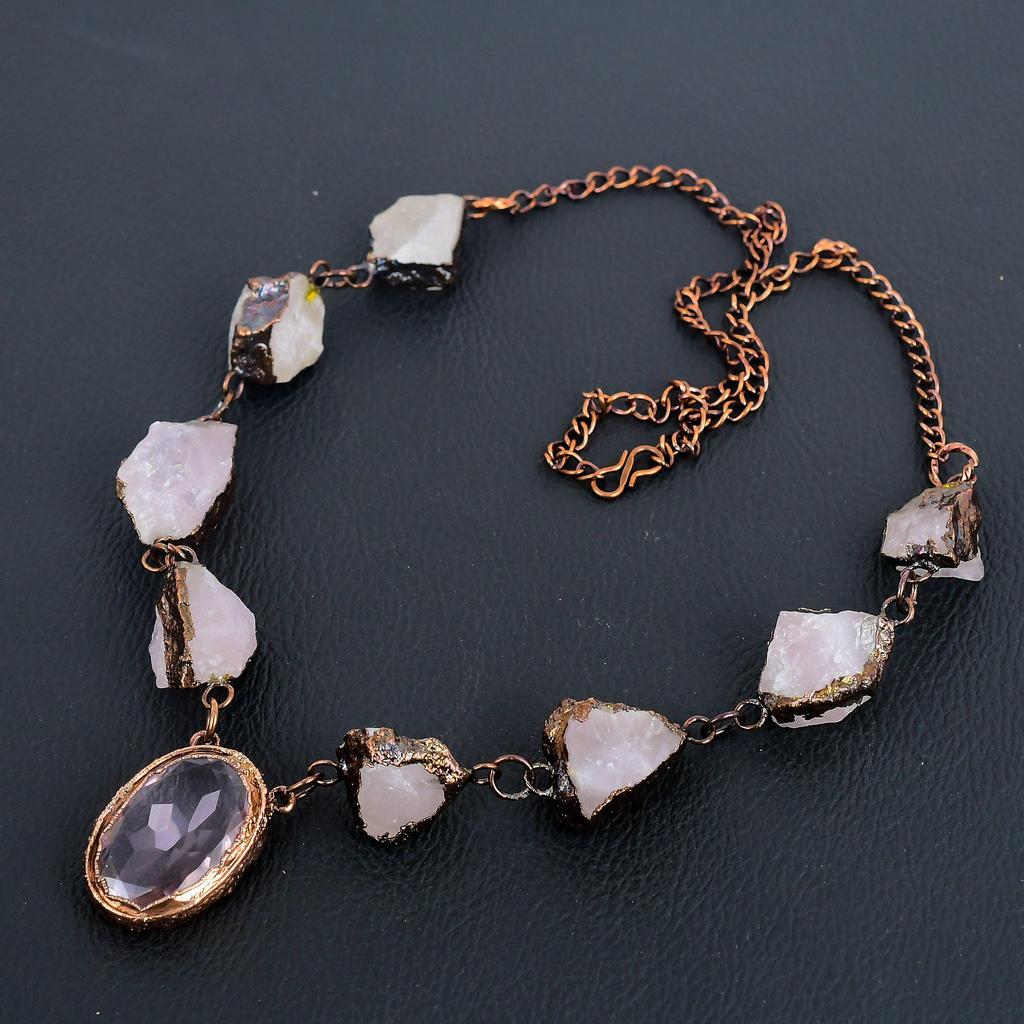 Rose Quartz Necklace Gemstone Jewelry, Copper Electroformed Adjustable Chain Necklace, Gift For Women Handmade Necklace