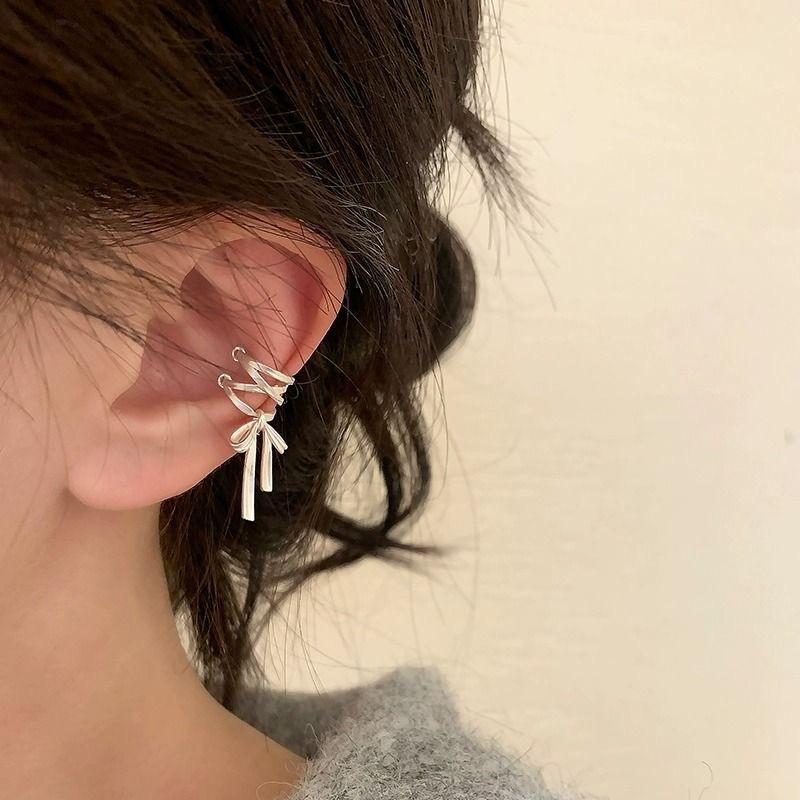 French Silver Bow Cross Ear Cuff - Stylish, Unique, No Piercing Required