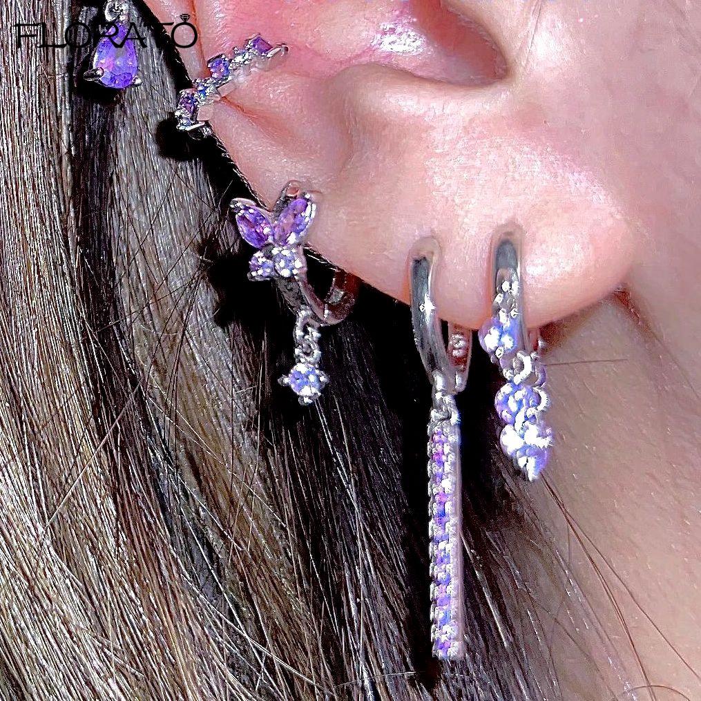 925 Silver Needle Elegant Purple Earrings Exquisite Small Hoop Earrings for Women Fashion Puncture Jewelry Accessories