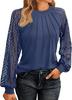 Women's Fashionable Long Sleeve Tops Lace  Ruched T-Shirt Solid Round Neck Blouses Casual Top