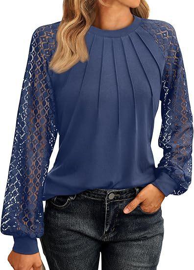 

Women s Lace Long Sleeve Blouse Pleated Crew Neck Casual Elegant Workwear Tunic Top S тёмно-синий