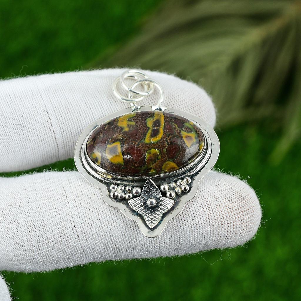Natural Fruit Jasper Gemstone Pendant Brown 925 Sterling Silver Indian Jewelry