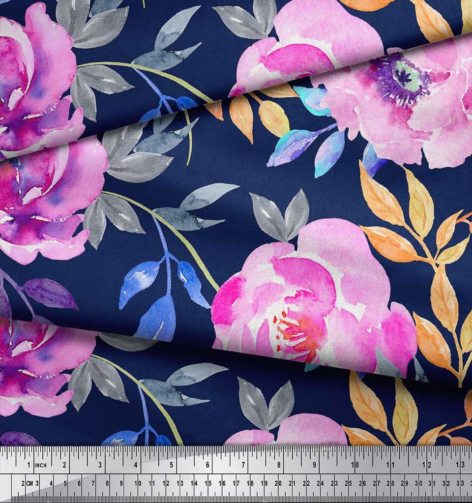 Soimoi Japan Crepe Satin Fabric Leaves & Peony Flower Print Fabric by the Metre 42 Inch