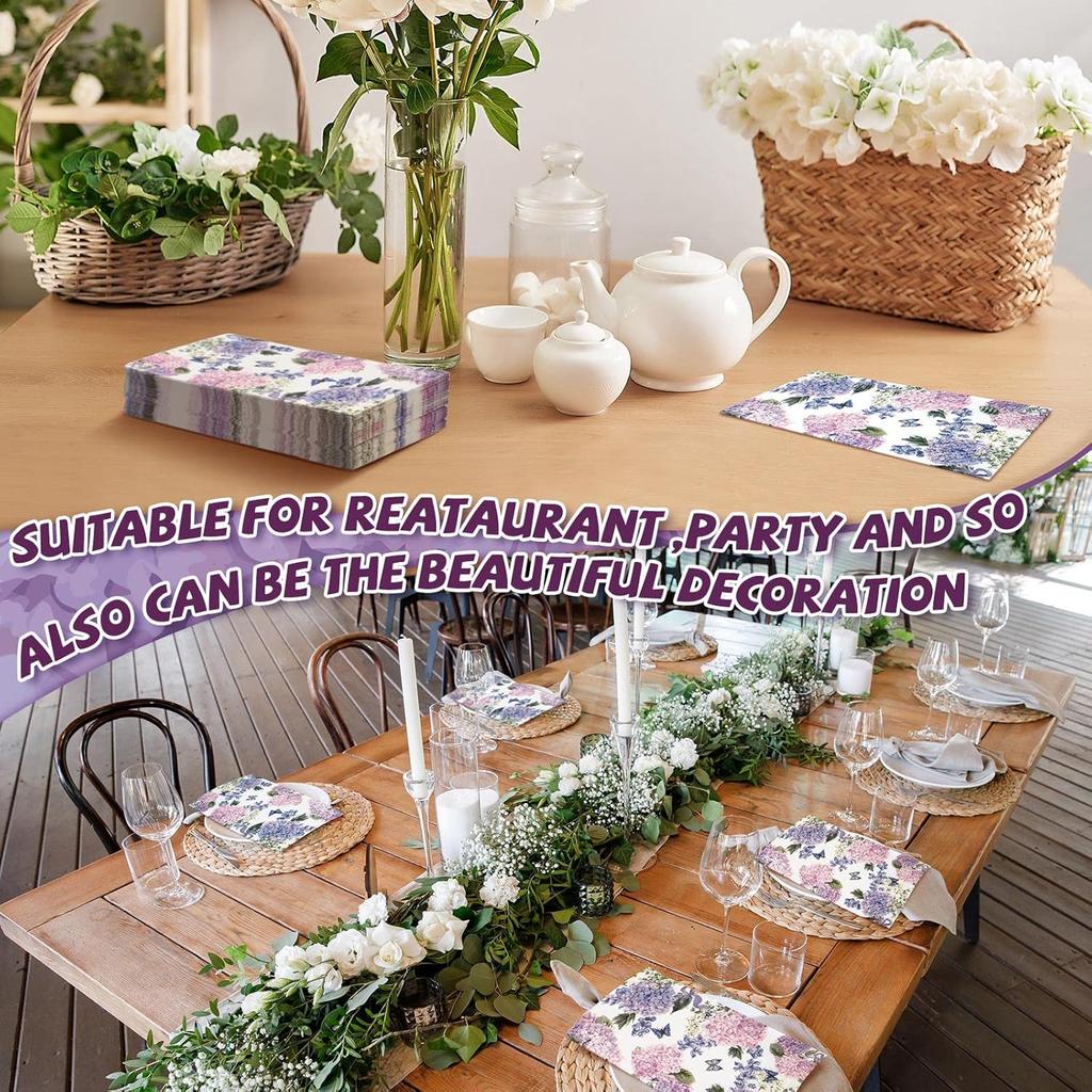200 Pack Purple Hydrangea Napkins for Guests Floral Butterfly Napkins Disposable Dinner Hand Towels Decorative Flower Bathroom Paper for Wedding