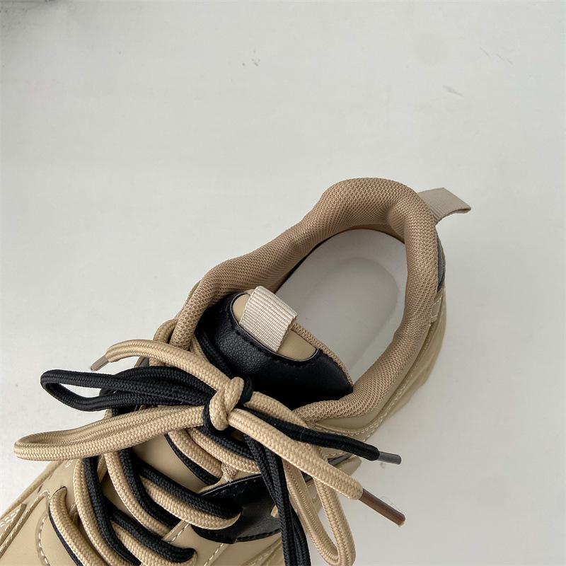 Daddy Shoes Women's  Autumn New Leather Double Lace Casual Sports Shoes with Thick Bottom and Heightened All-match Round Toe