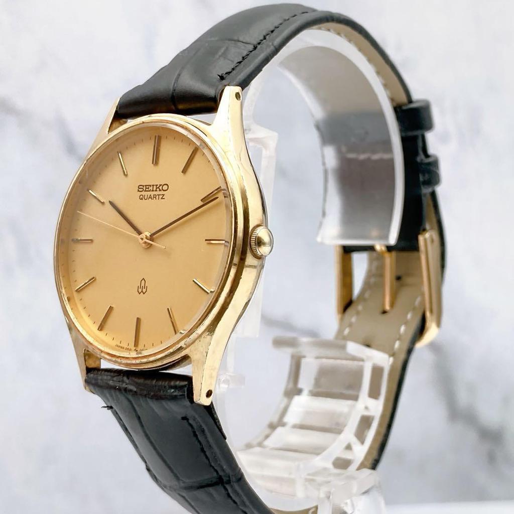 Working condition SEIKO Chariot Watch Gold SPG Gold Plated 3 Hands 1981 Vintage Leather Strap Dress Watch Black Men's