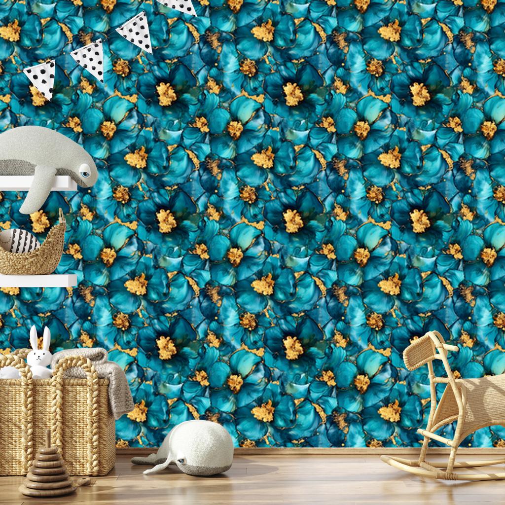 Turquoise, Sea and Gold Ink Wallpaper for Living Room and Bedroom 50x1000