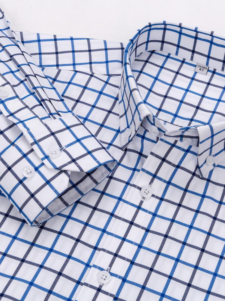 Men's Plaid Spread Collar Wrinkle-Free Long Sleeve Button-Down Shirt, 100% Cotton Regular Fit Business Casual Formal Office Wear