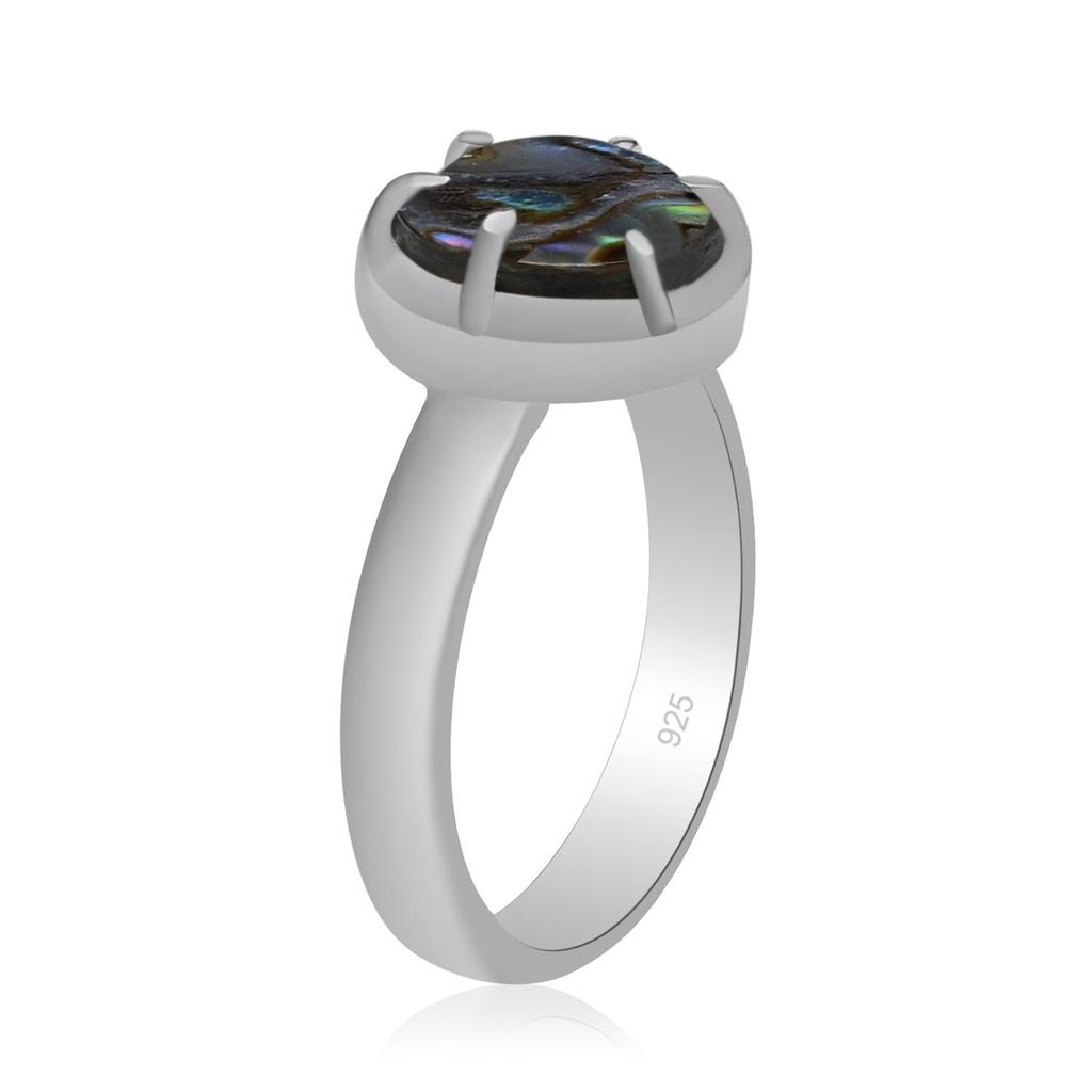 10 x 10 mm natürlicher Abalone-Muschel-Edelstein-Ring aus 925er Sterlingsilber mit Krappenfassung für Frauen und Mädchen