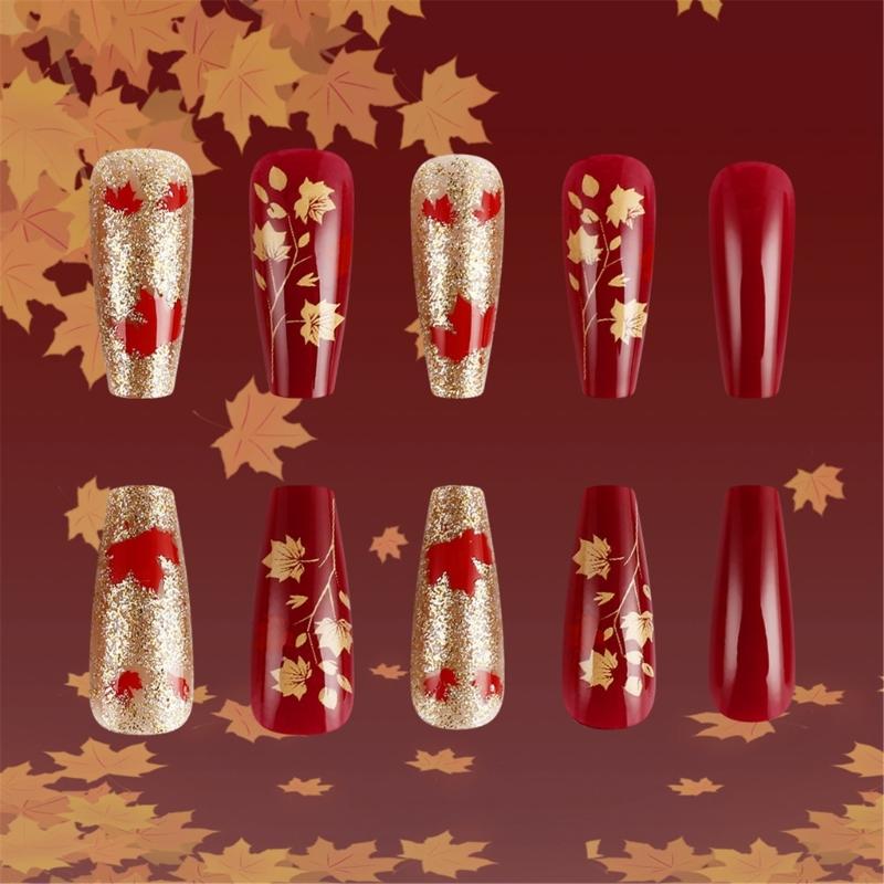 24Pcs Fall Press on Nails Short Square Stick on Nails Golden Maple Leaf Full Cover Artificial Thanksgiving False Nails