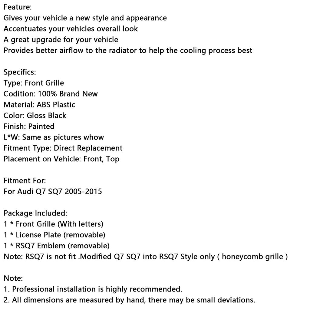 Gloss Black Front Bumper Radiator Vent Mesh Grille Grill Fit Q7 2005-2015
