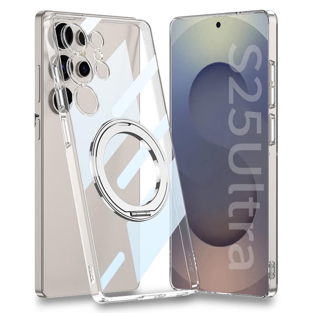 

For Samsung Galaxy S25 Ultra Magnetic Case PC+Metal Phone Back Cover with Kickstand Transparent