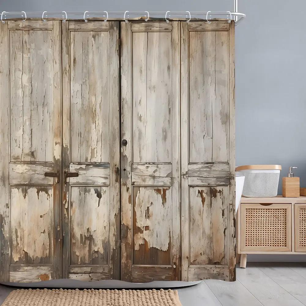 Vintage Wooden Door Shower Curtain Rustic Door Window Wheel Botanical Barn Polyester Shower Curtains Bathroom Decor with Hooks