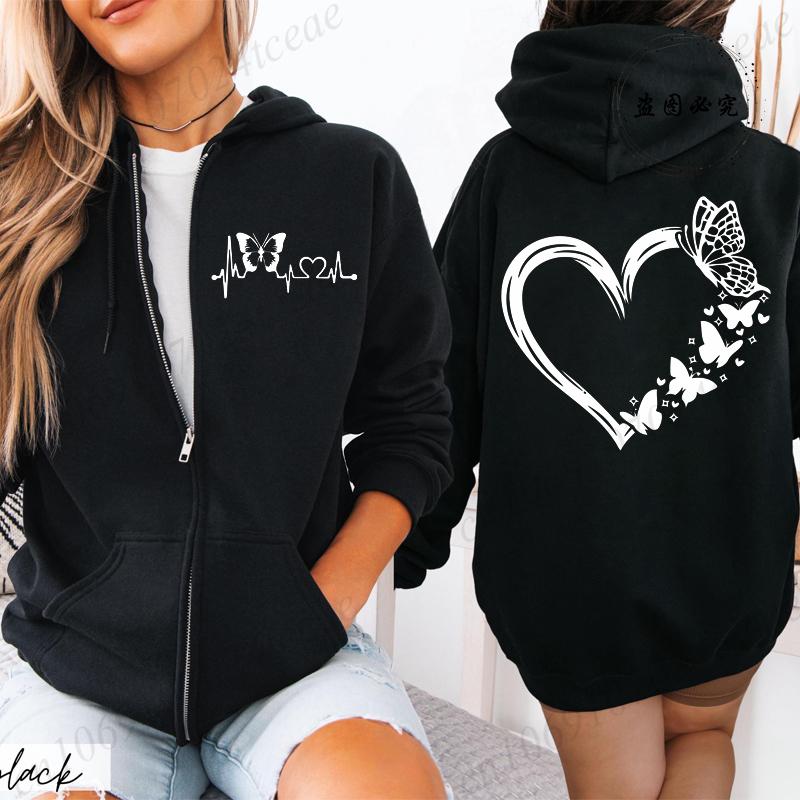New Fashion Zipper Hooded Hoodie Clothes Butterfly Heart Printed Fashion Sweatshirts Casual Fashion Zip Up Jackets Coat Tops