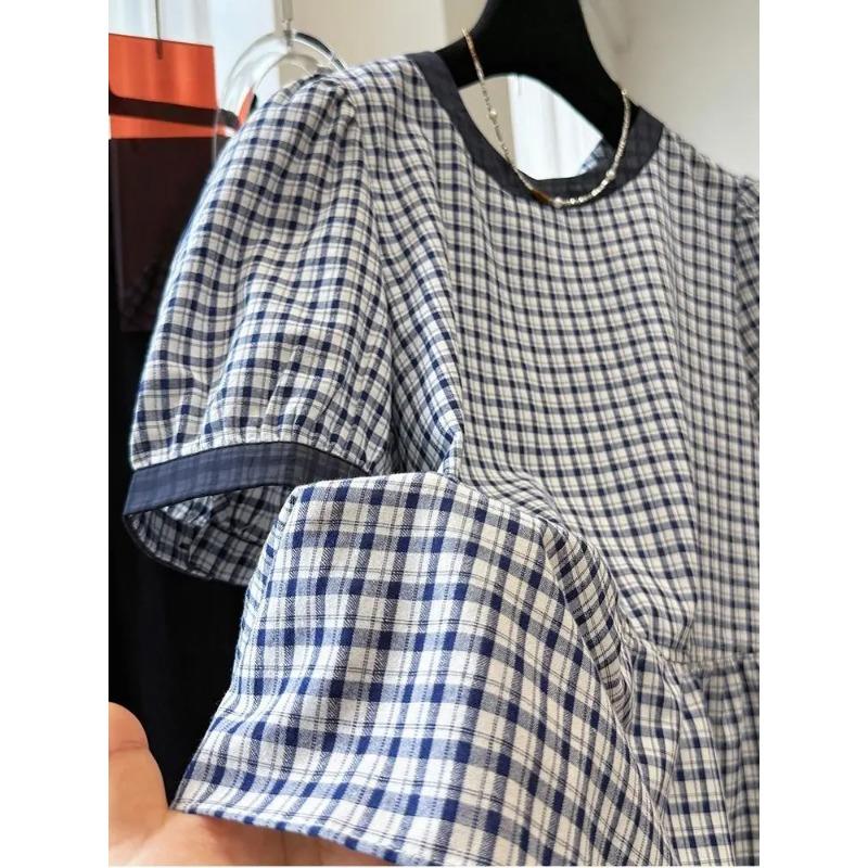 Women Plaid Print Puff Sleeve Blouse Round Neck Ruffle Hem Casual Top