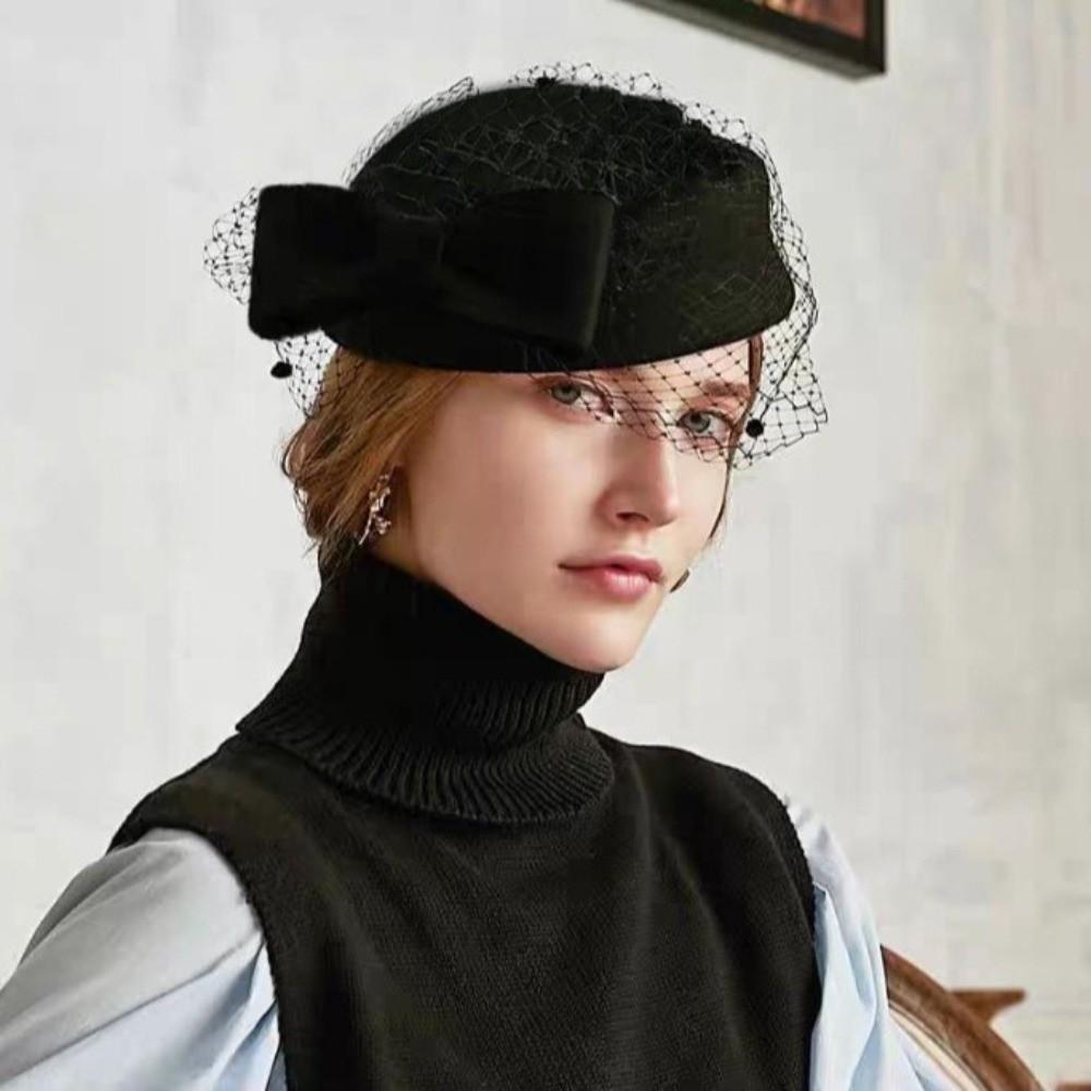 Mesh Pillbox Hat British Style Topper Hat Elegant Wool Bow Hat with Veil  Autumn Winter