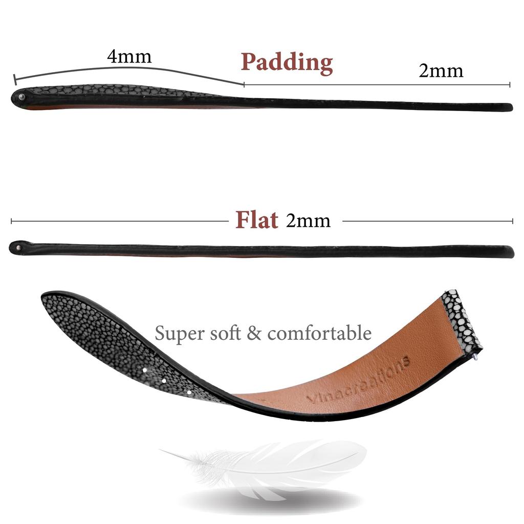 [vinacreations] 22mm Black Galuchat Watch Strap, Stingray Leather Replacement Watch Band, Flat and Thin Strap, Stingray Leather Strap with Wrist Buckl