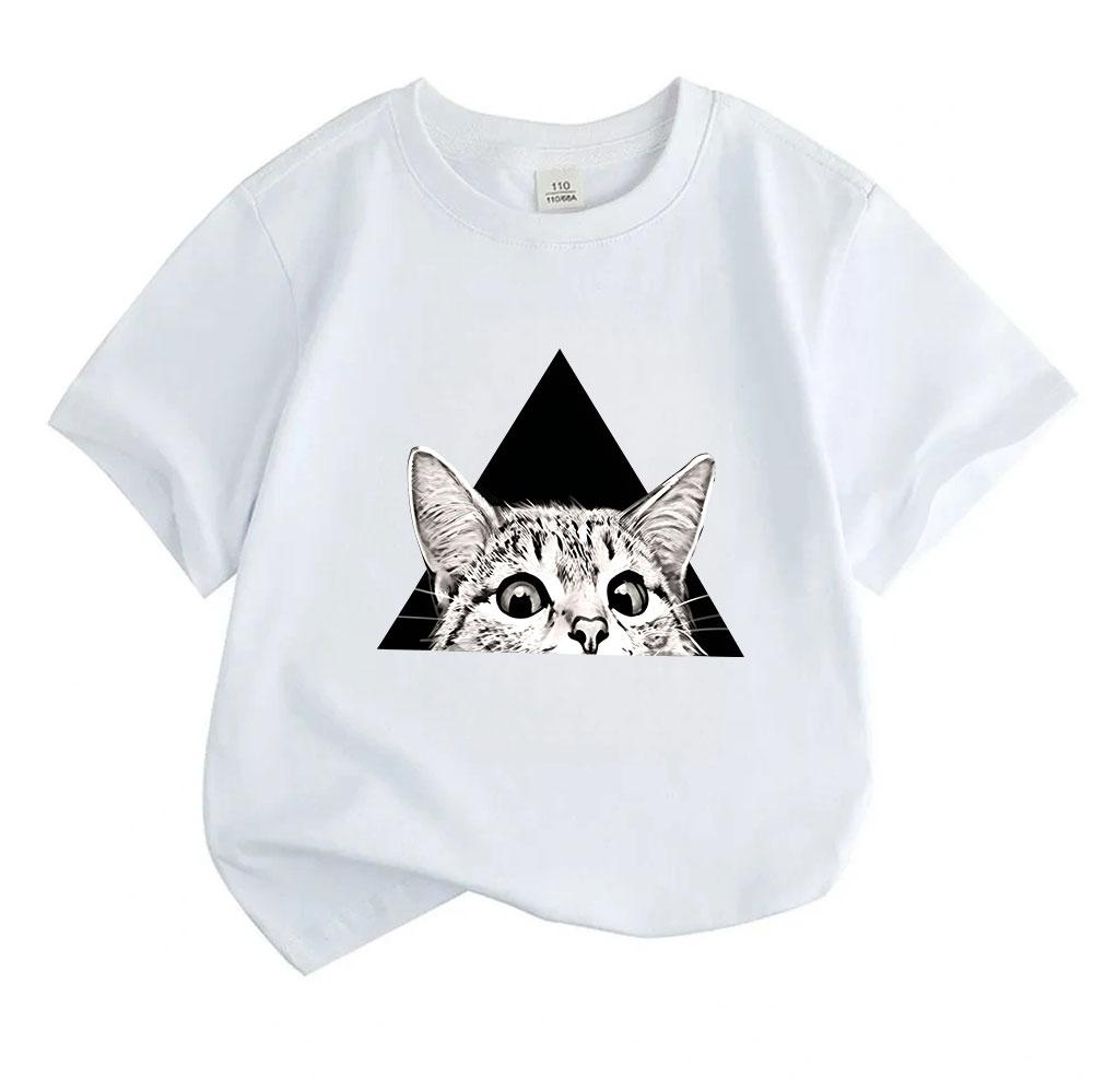 Kids Boys Girls 100% Cotton Crew Neck Short Sleeve T-Shirt, Cute Surprise Peeking Cat Geometric Black Triangle Pattern Casual Breathable Summer Tee fo