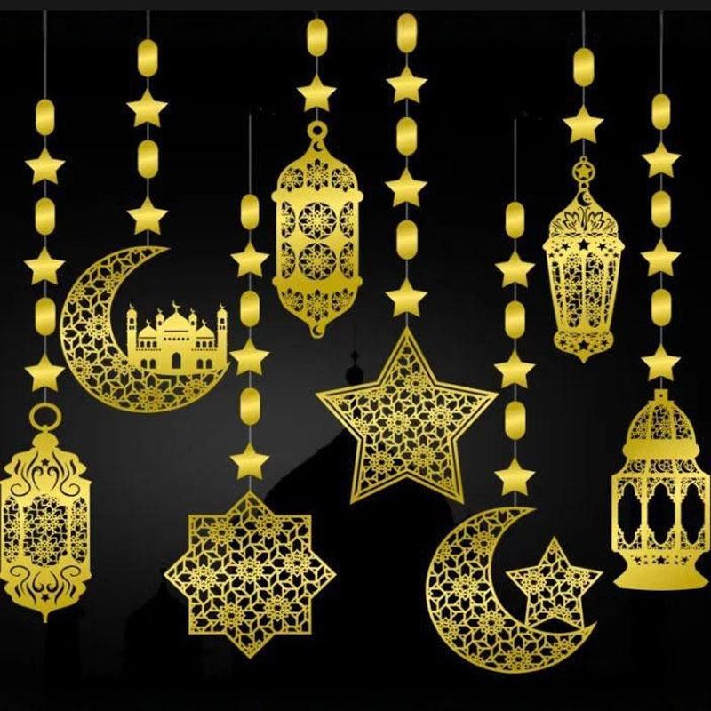 8 Pieces Ramadan Decoration, Eid Mubarak Gold Garland Pendant Decor Set, Ramadan Islam Living Room Garland Window Wall Hanging Decorations