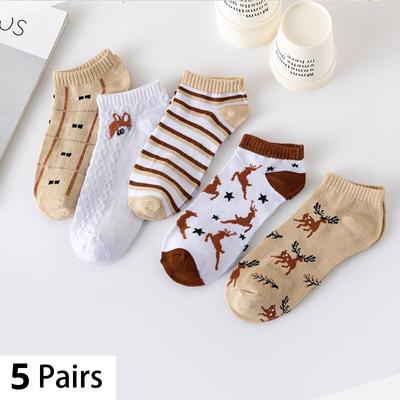 5 Pairs Spring Autumn Fashion Women Sock Cartoon Deer Fox Harajuku Kawaii Cute Girl Happy Funny Boat Socks