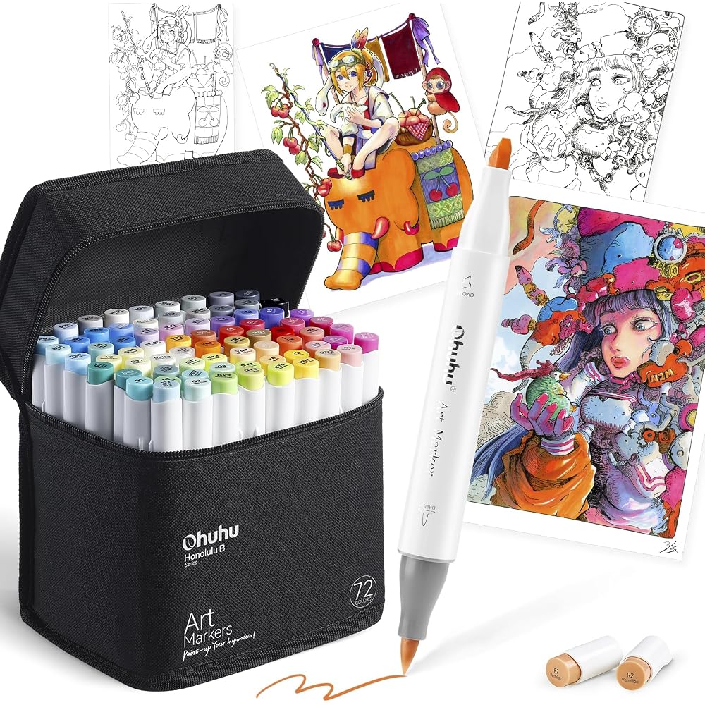 Ohuhu Marker Pen Type 72 Colors 73 Pens Professional Favorite Illustration Marker Brush/Bold Blen...