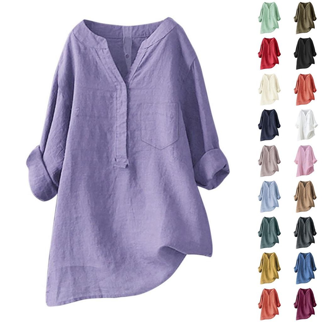 Dámský volný top jednobarevný stojáček knoflíky dlouhý rukáv bavlna a len