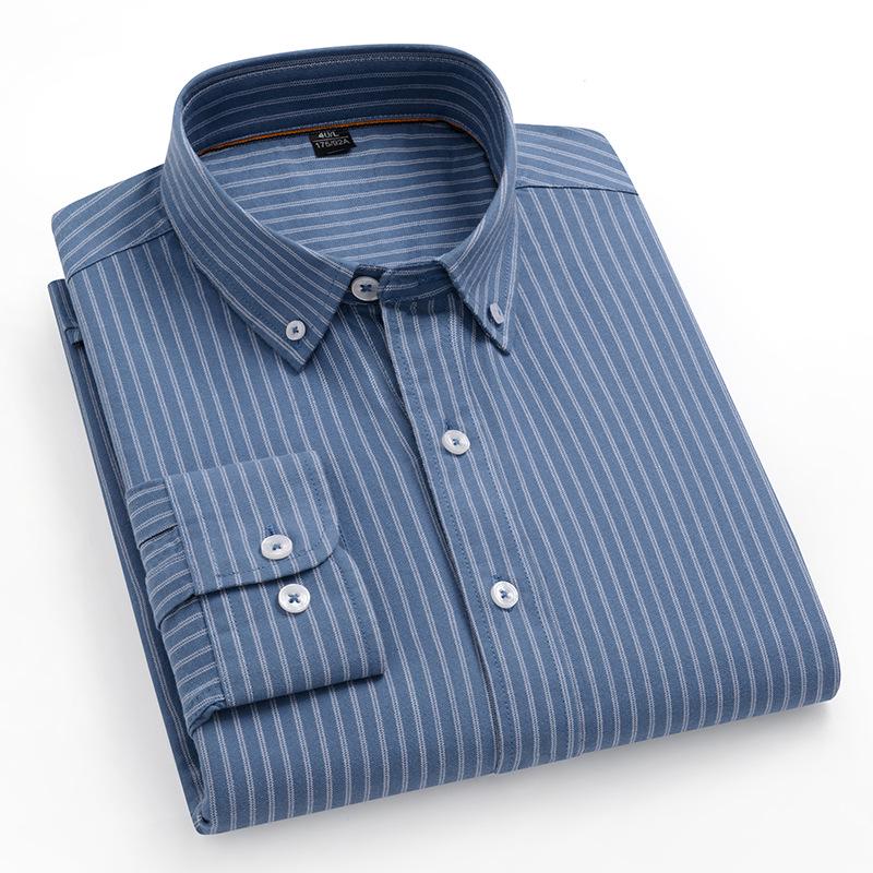 Autumn/Winter Men's Striped Cotton Oxford Shirt - Casual, Breathable, Long Sleeve, Wrinkle-Resistant.