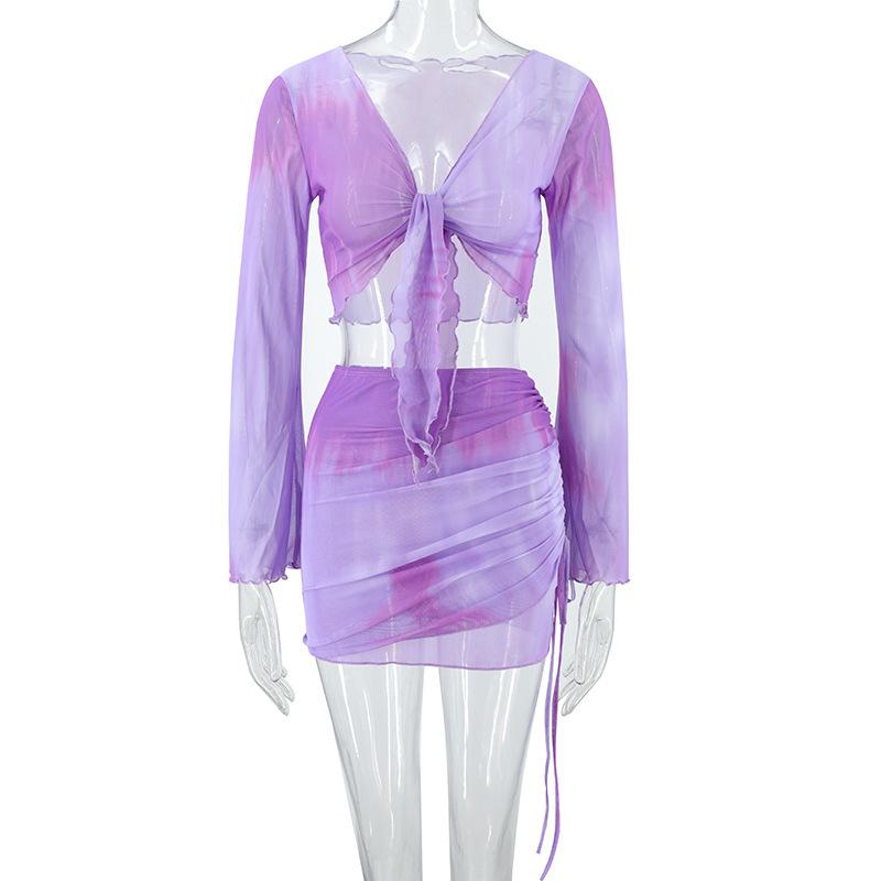 European and American Women's Clothing 2026 Spring Gradual Change V-neck Straps Gradual Change Mesh Horn Sleeve Top Skirt Set