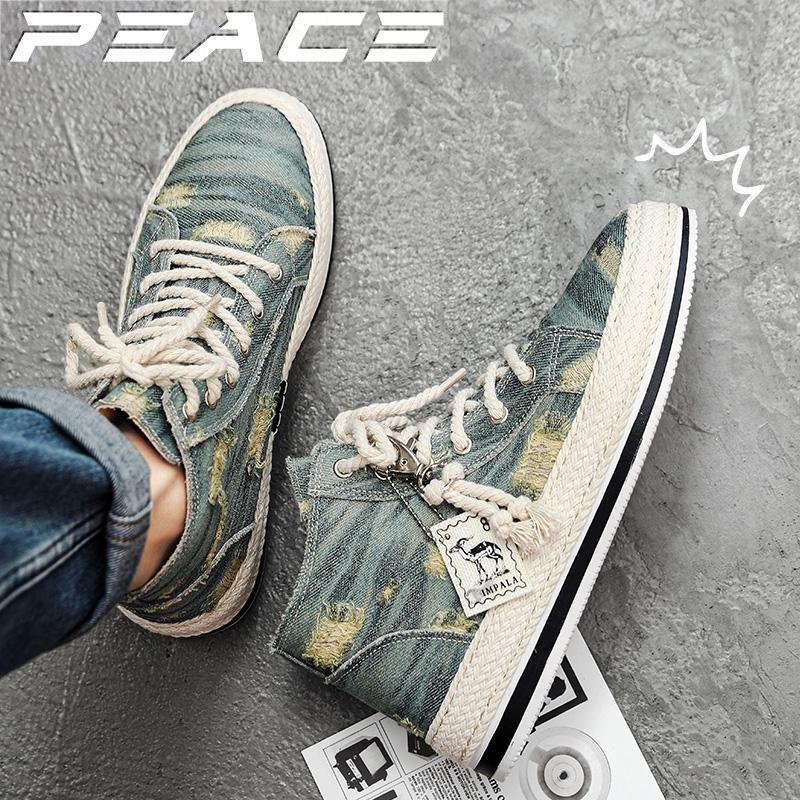S High Top Canvas Shoes Men's Student Board Shoes Soft Washed Denim Crack