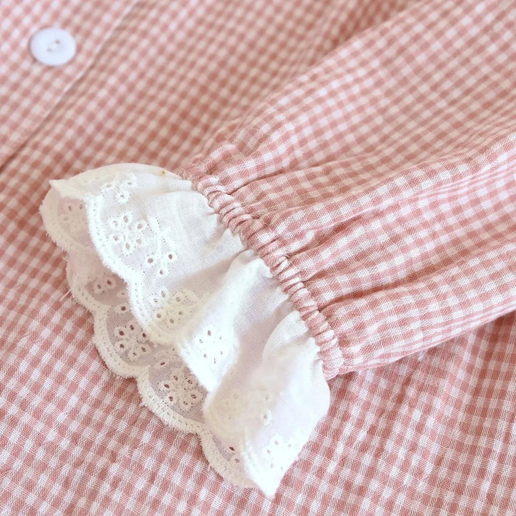 New Women's Pajamas Set 100% Cotton Edge Collar Small Plaid Long Sleeves Trousers Home Wear Two-piece Set