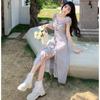 French retro Mori high-end chic dress summer short-sleeved wooden ear edge foreign style solid color split skirt