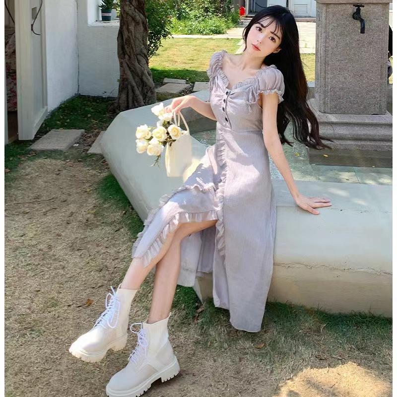 French retro Mori high-end chic dress summer short-sleeved wooden ear edge foreign style solid color split skirt
