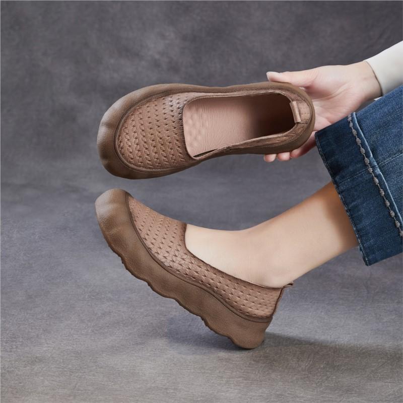 Johnature Genuine Leather Woven Retro Soft Soled Loafers Comfortable Shallow Women's Slip-on Shoes