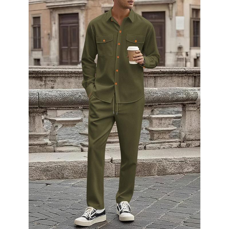 

Men s Brown Corduroy Long-Sleeve Shirt & Pants 2-Piece Casual Tracksuit Set XXXL армія зелений колір