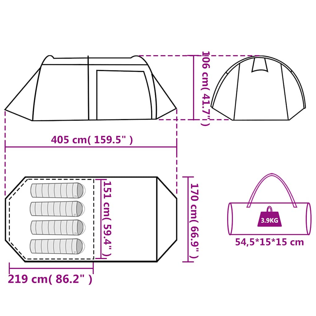 Tunnel Tent for 4 Persons Green Waterproof