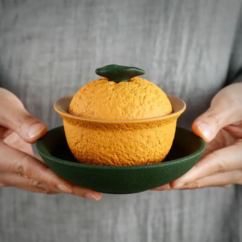 

Chinese Sancai Gaiwan Handmade Pottery Tea Cup Bowl Creative Orange Shape Tea Tureen for Home Use Ceramic Pigmented Teaware Set