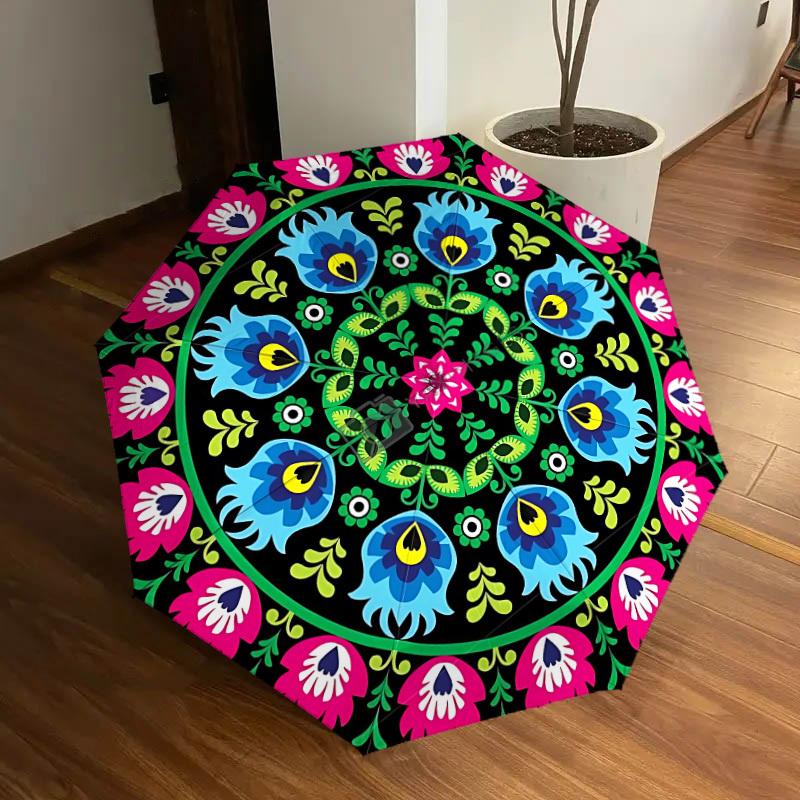 

1pc Ethnic Floral Pattern Automatic Folding Umbrella, Portable Collapsible Design, 8-Rib Iron Frame, Outdoor Accessory yy250905084
