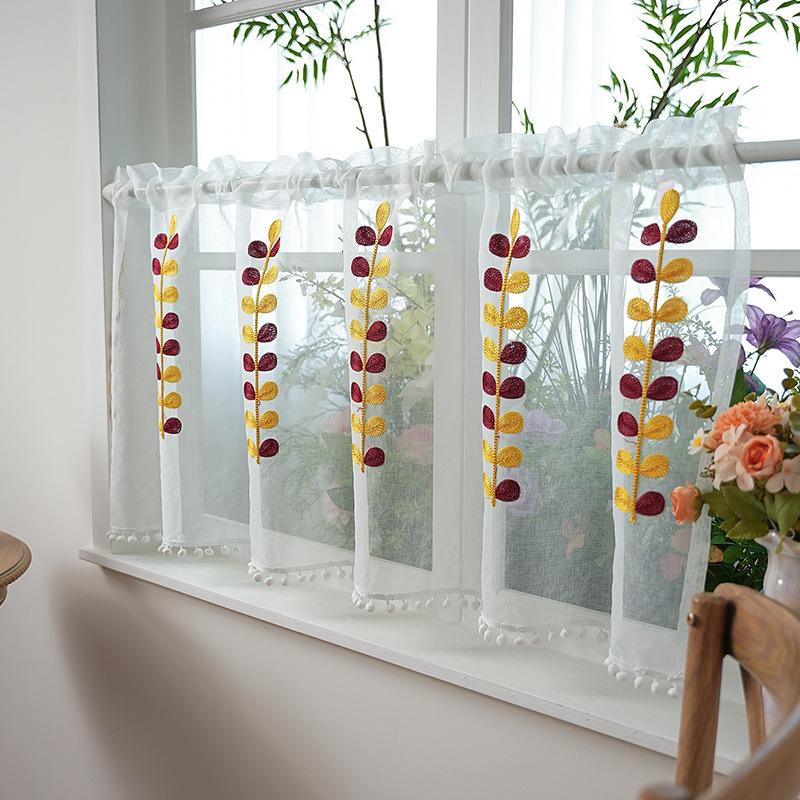 

Fresh floating window short curtain leaf embroidery transparent sheer curtain bedroom kitchen half curtain 1
