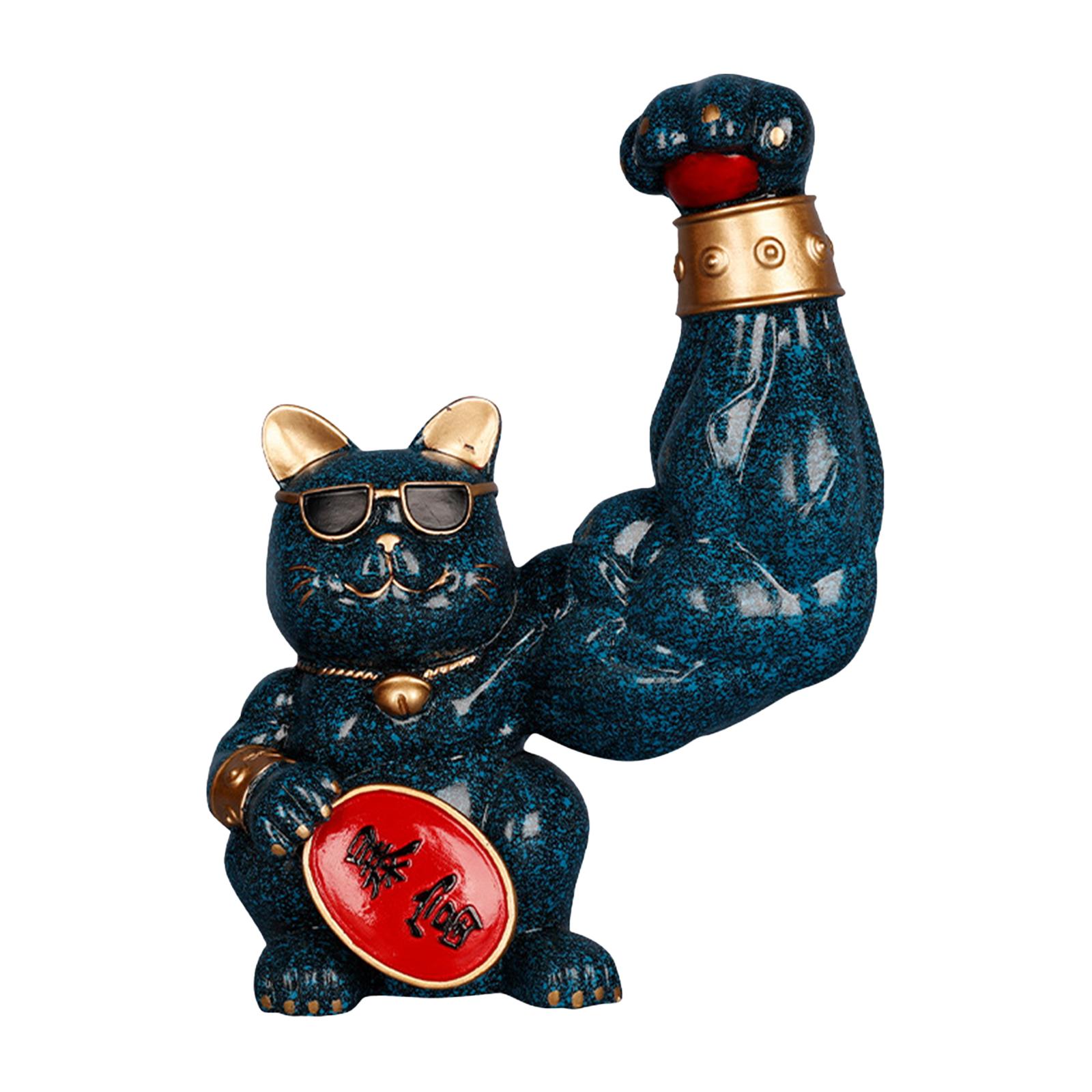 Outsideworld Lucky Cat Statue Powerful Muscle Arm Cat Sculpture Resin Cat Ornament Gift
