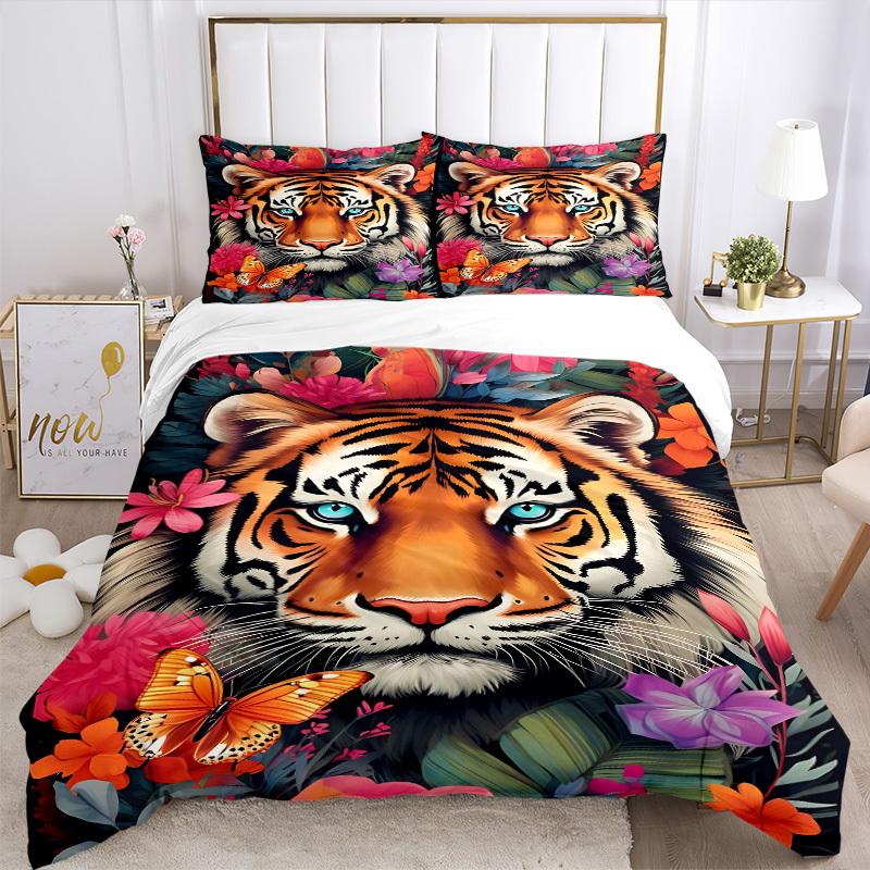3pcs Tiger Floral Print Duvet Cover Set, Cover For Bedroom Guest Room (1 Duvet Cover + 2 Pillowcase, Without Quilt), yy250922107
