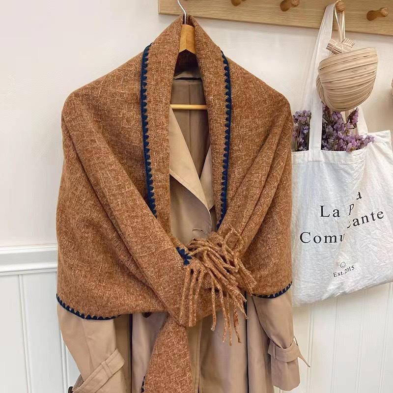 2024 Korean Style Women's Tassel Imitation Cashmere Shawl Scarf - Thick, Warm, Dual-Use, Perfect for Students and Christmas